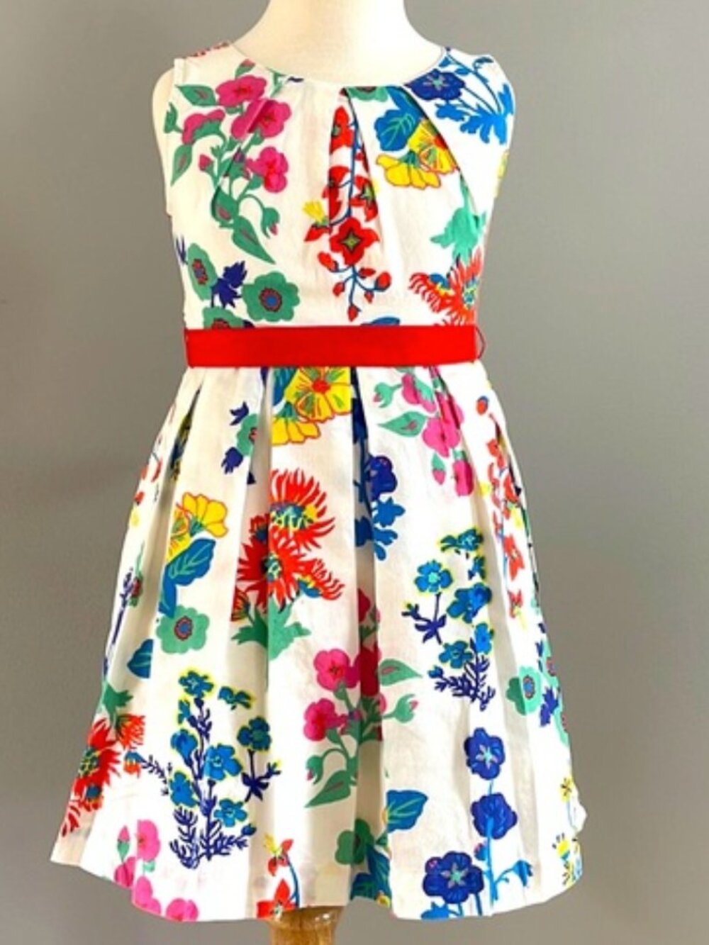 Mini Boden Sleeveless Soft Pleated Vibrant Floral Belted Linen Dress Size 11-12Y